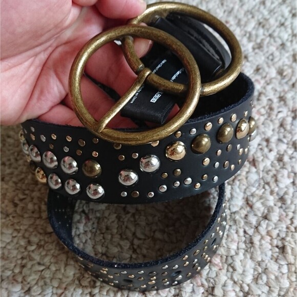 Urban outfitters Studded Double O-Ring Gold Silver Leather Black Belt - size S - Picture 2 of 12